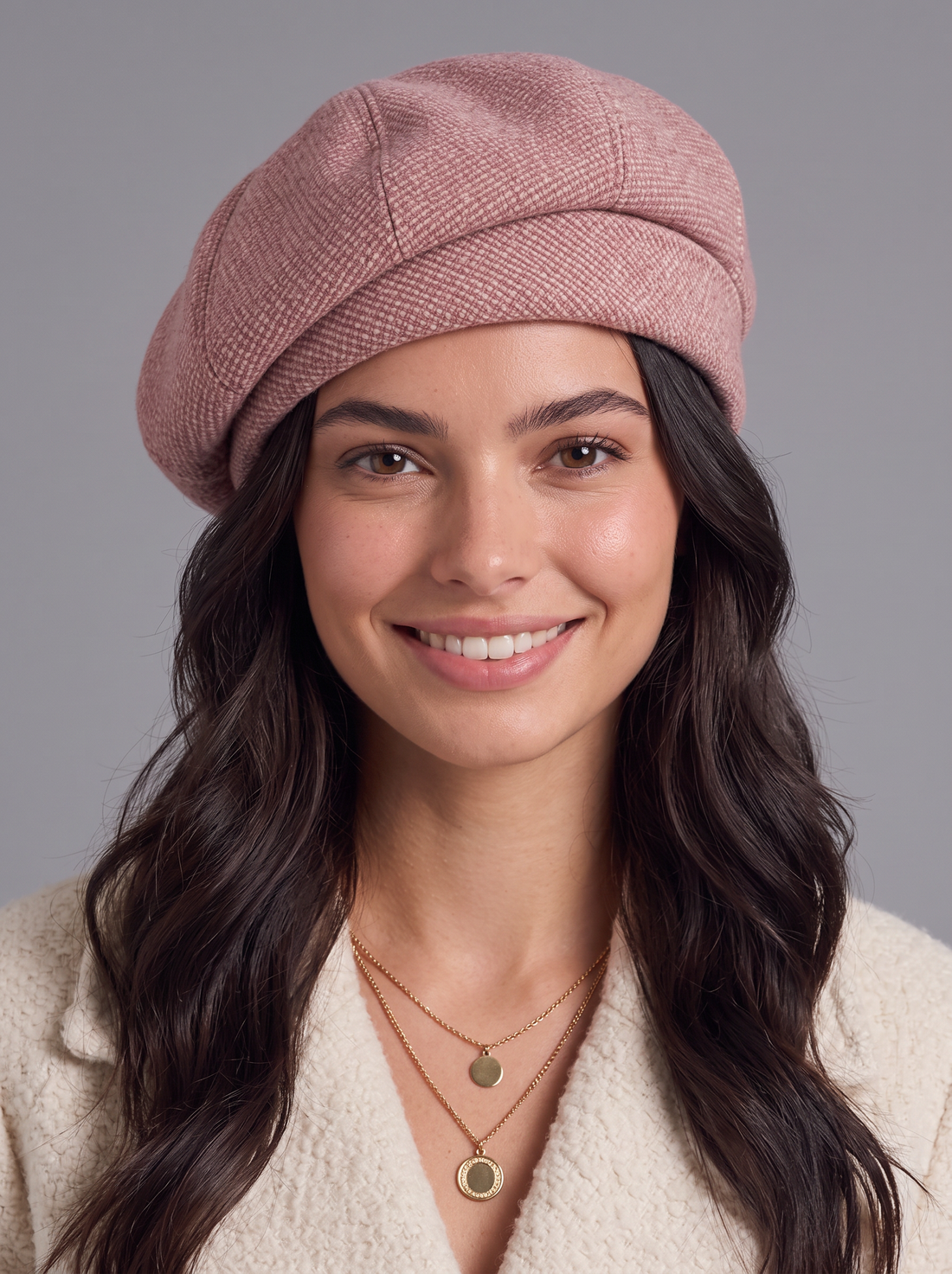 Woman wearing a pink knitted beret