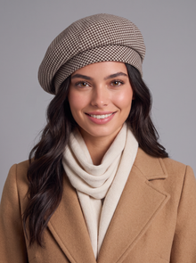 Woman wearing a brown knitted beret with a cream scarf