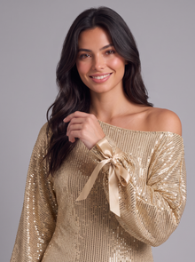 Ribbon tie cuff and sequin detail – close-up