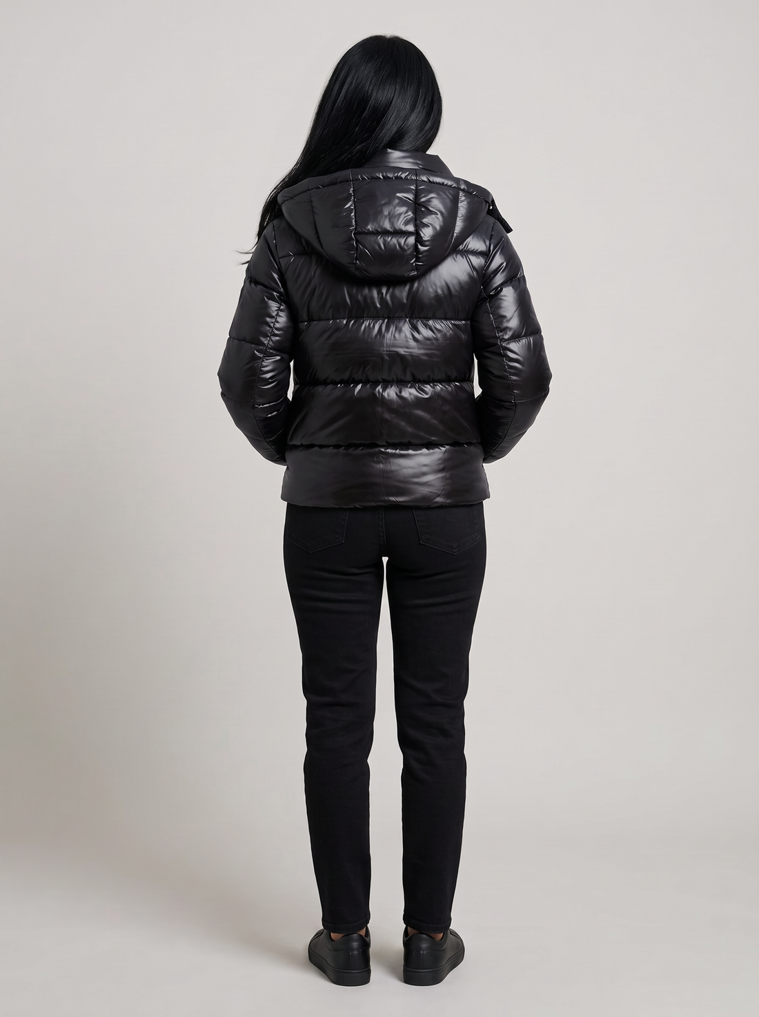 Women's Hooded Puffer Jacket in Black – back view