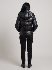 Women's Hooded Puffer Jacket in Black – back view