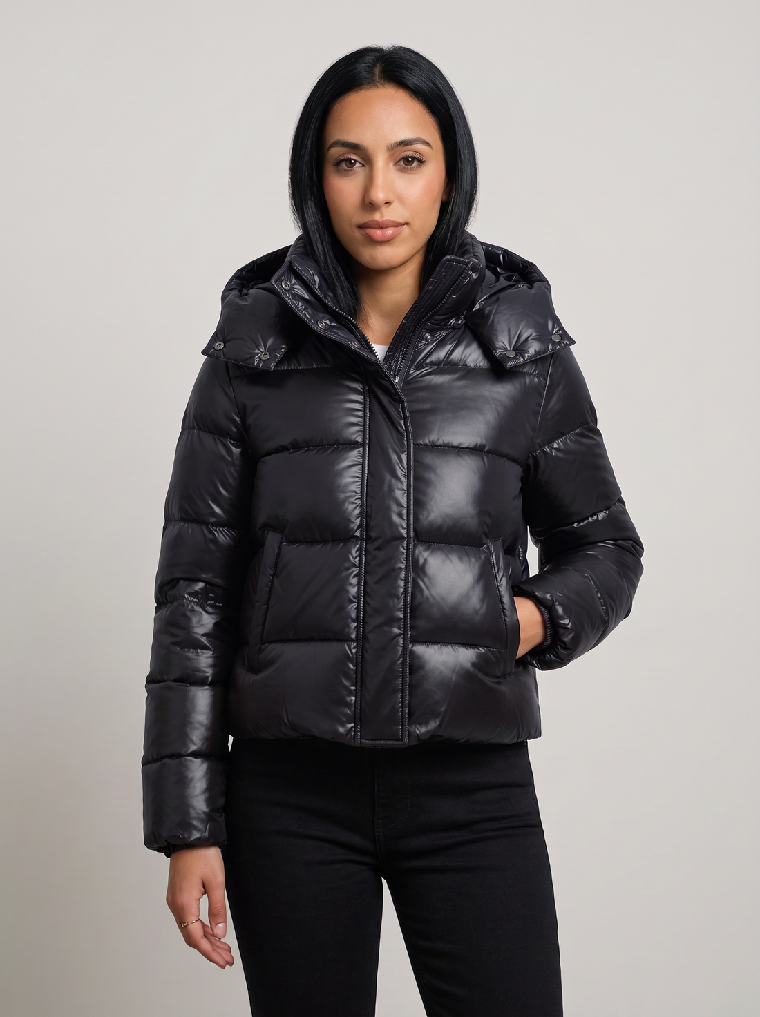 Women's Hooded Puffer Jacket in Black – front view