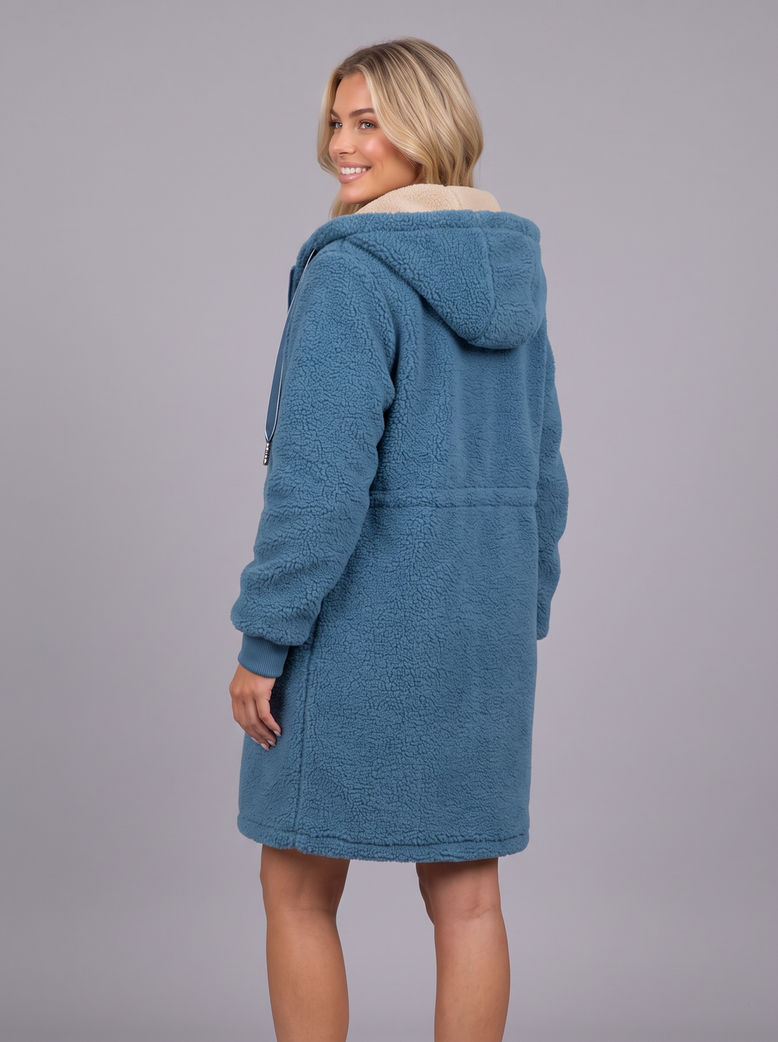 Women's longline teddy coat in blue – front view