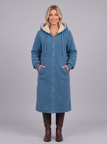 Women's longline teddy coat in blue – front view