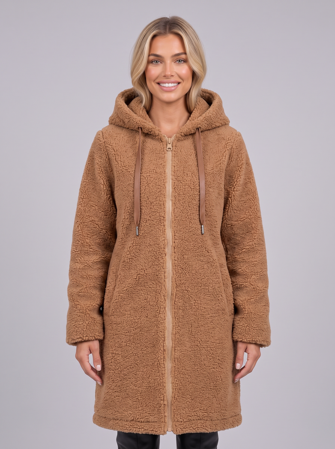 Women's longline teddy coat in brown
