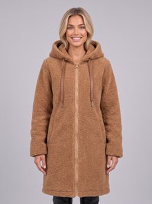 Women's longline teddy coat in brown
