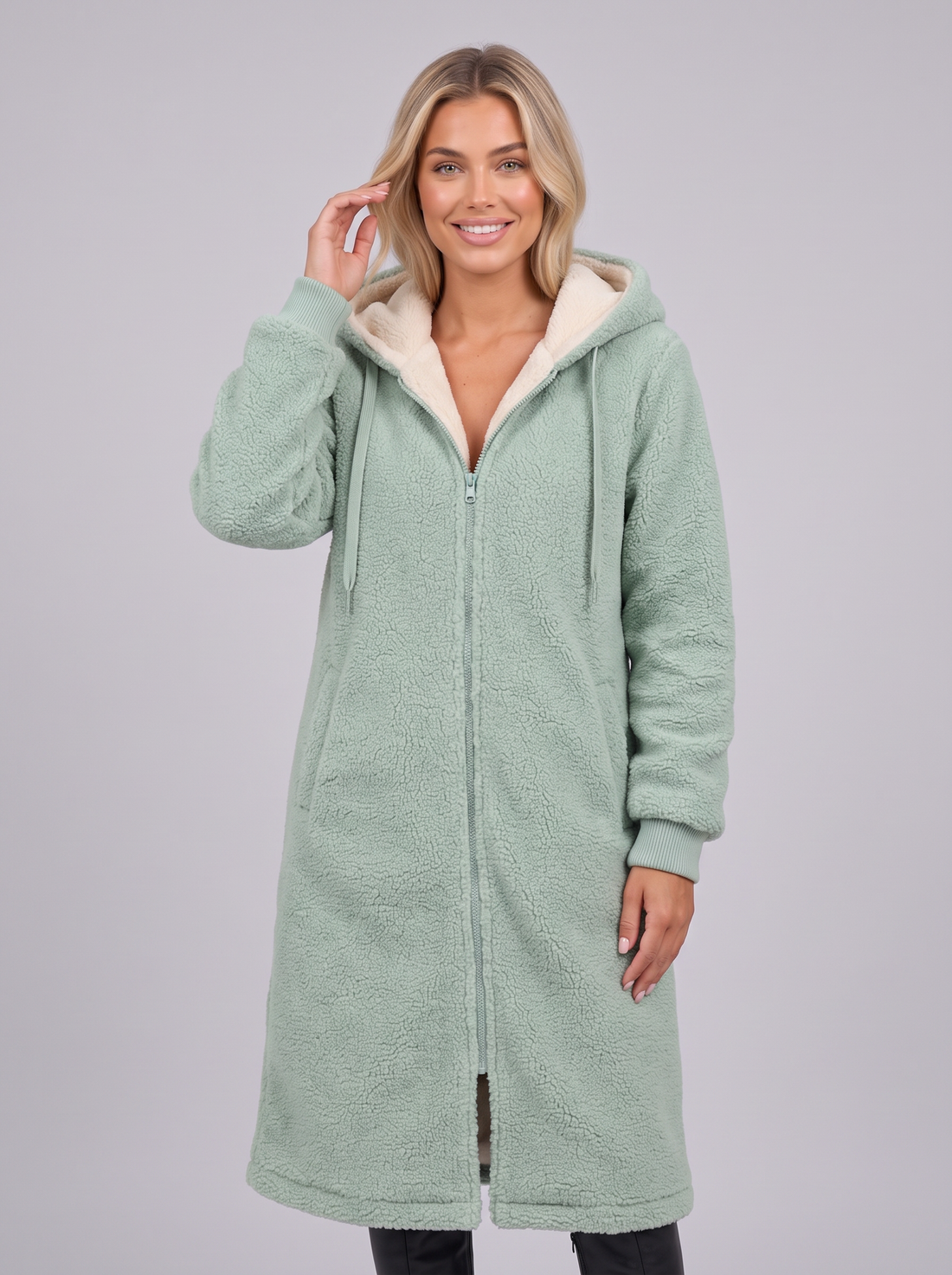 Women's longline teddy coat in green