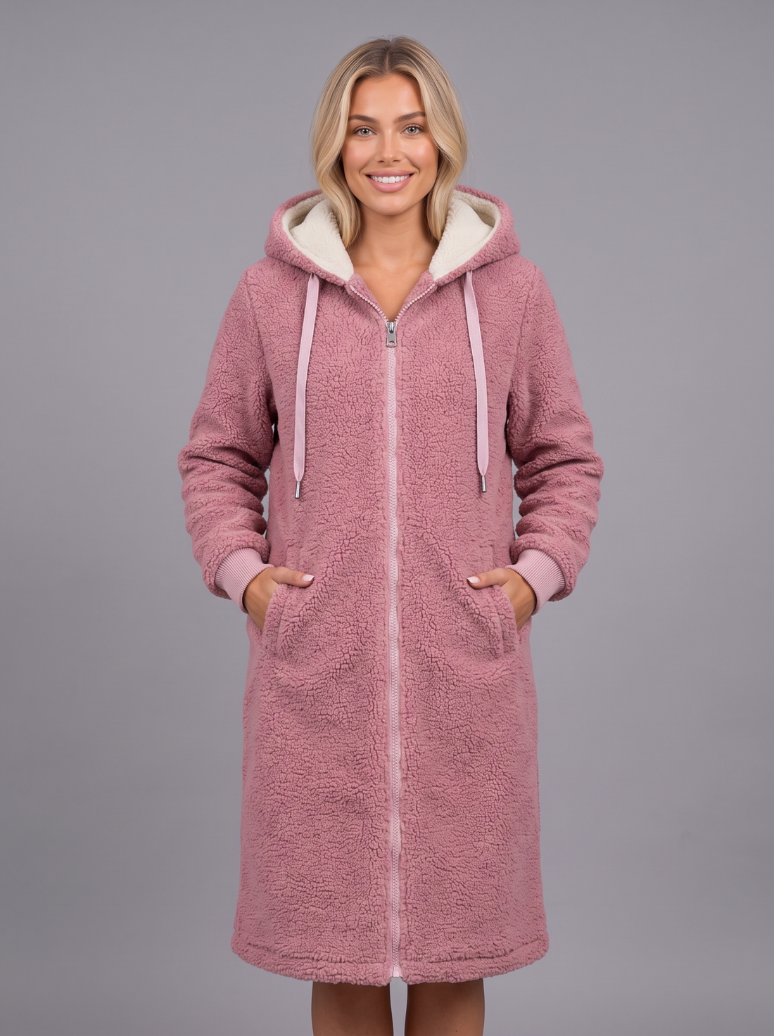 Women's longline teddy coat in pink