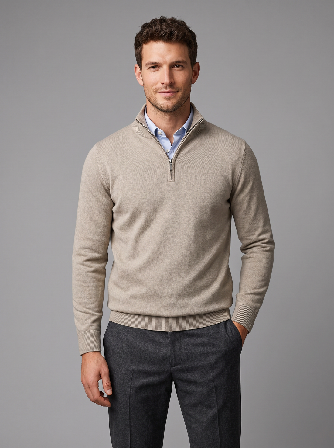 Men's slim fit quarter zip jumper in beige – front view