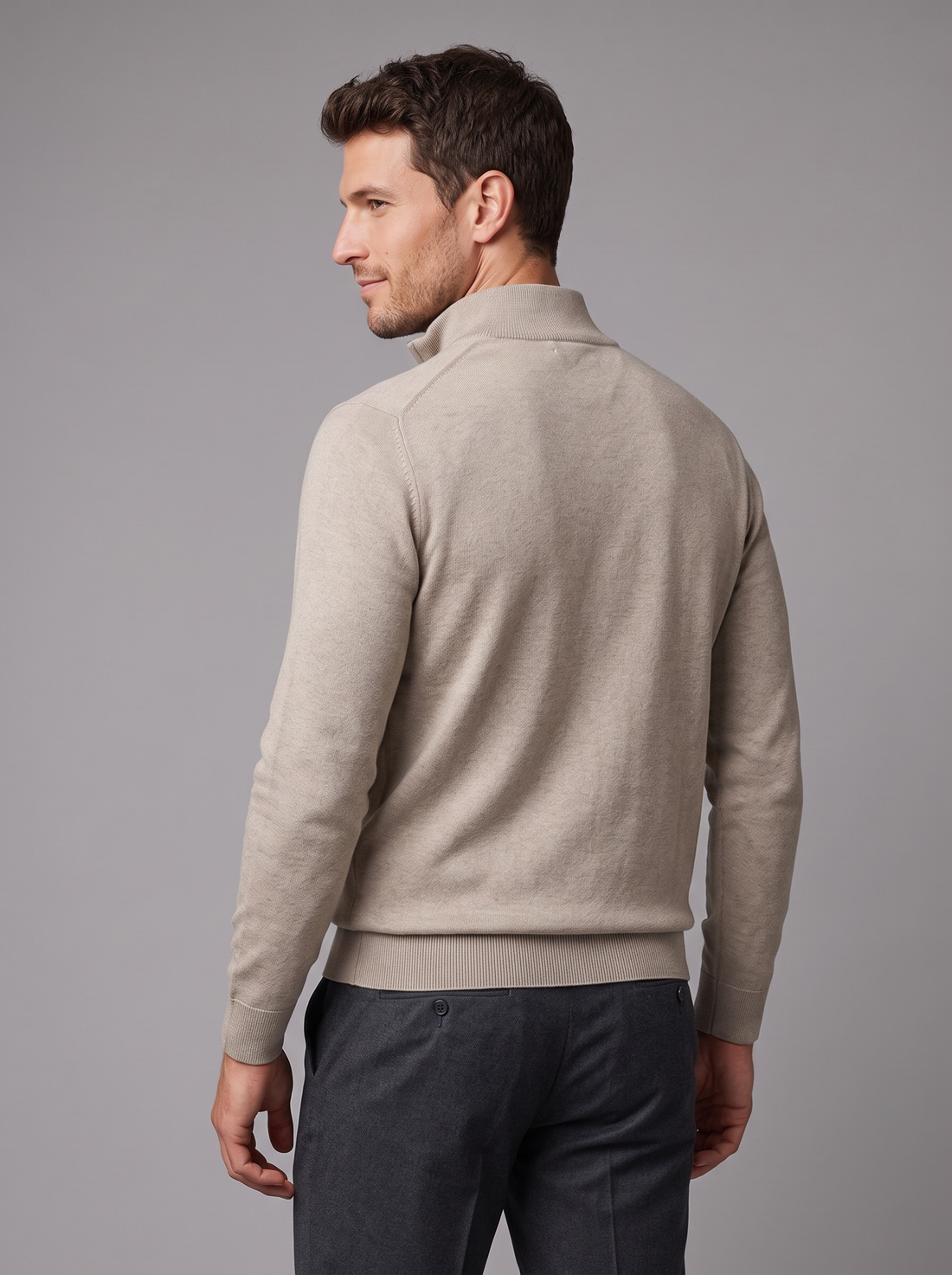 Men's slim fit quarter zip jumper in beige – front view