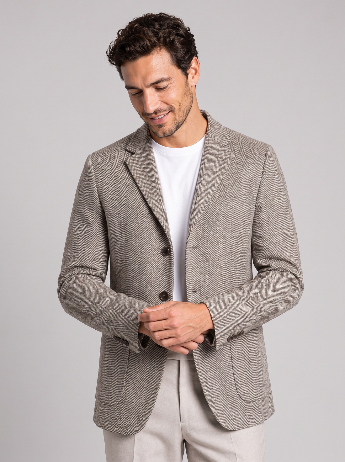 Men's Herringbone Blazer in Beige – front view