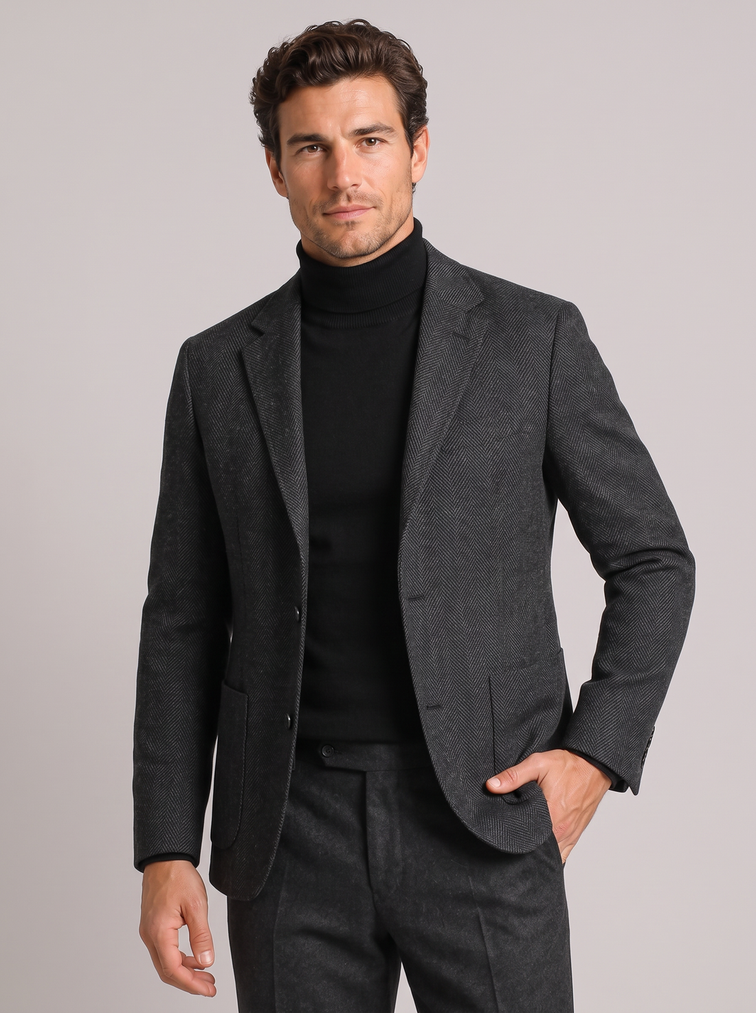 Men's Herringbone Blazer in Black – front view