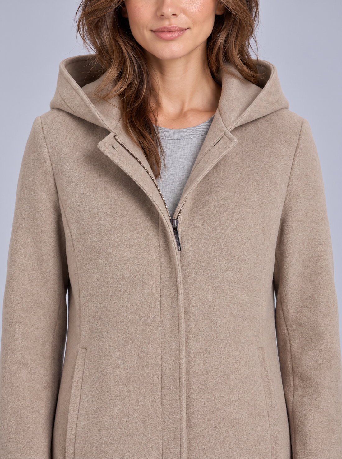 Women's Wool Coat – hood, zip and wool texture close-up