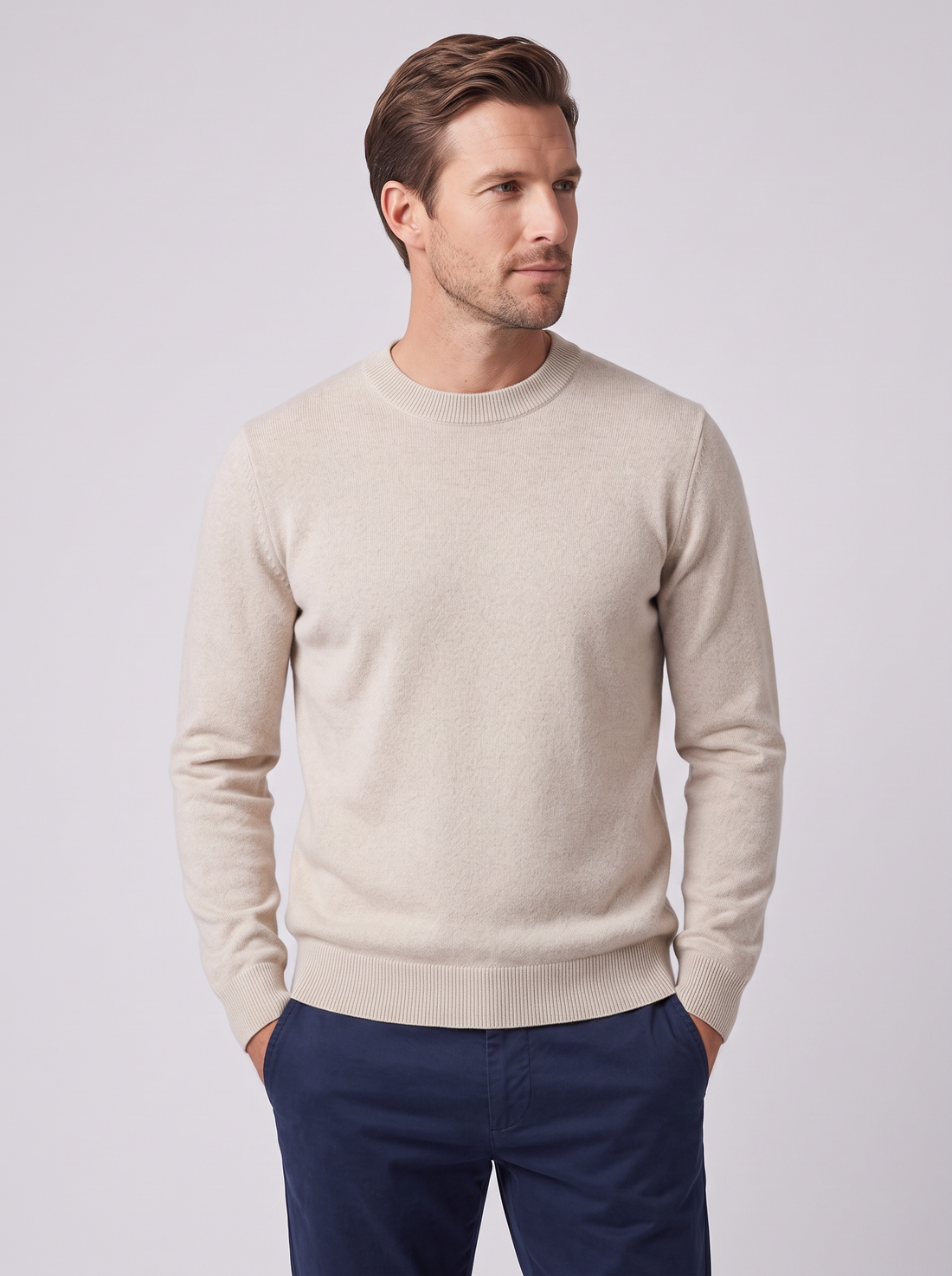 Men's Merino Wool Jumper in Beige – front view