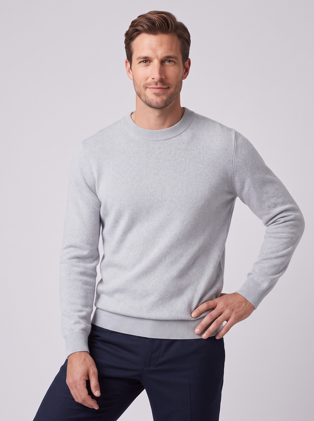 Men's Merino Wool Jumper in Light Grey – front view