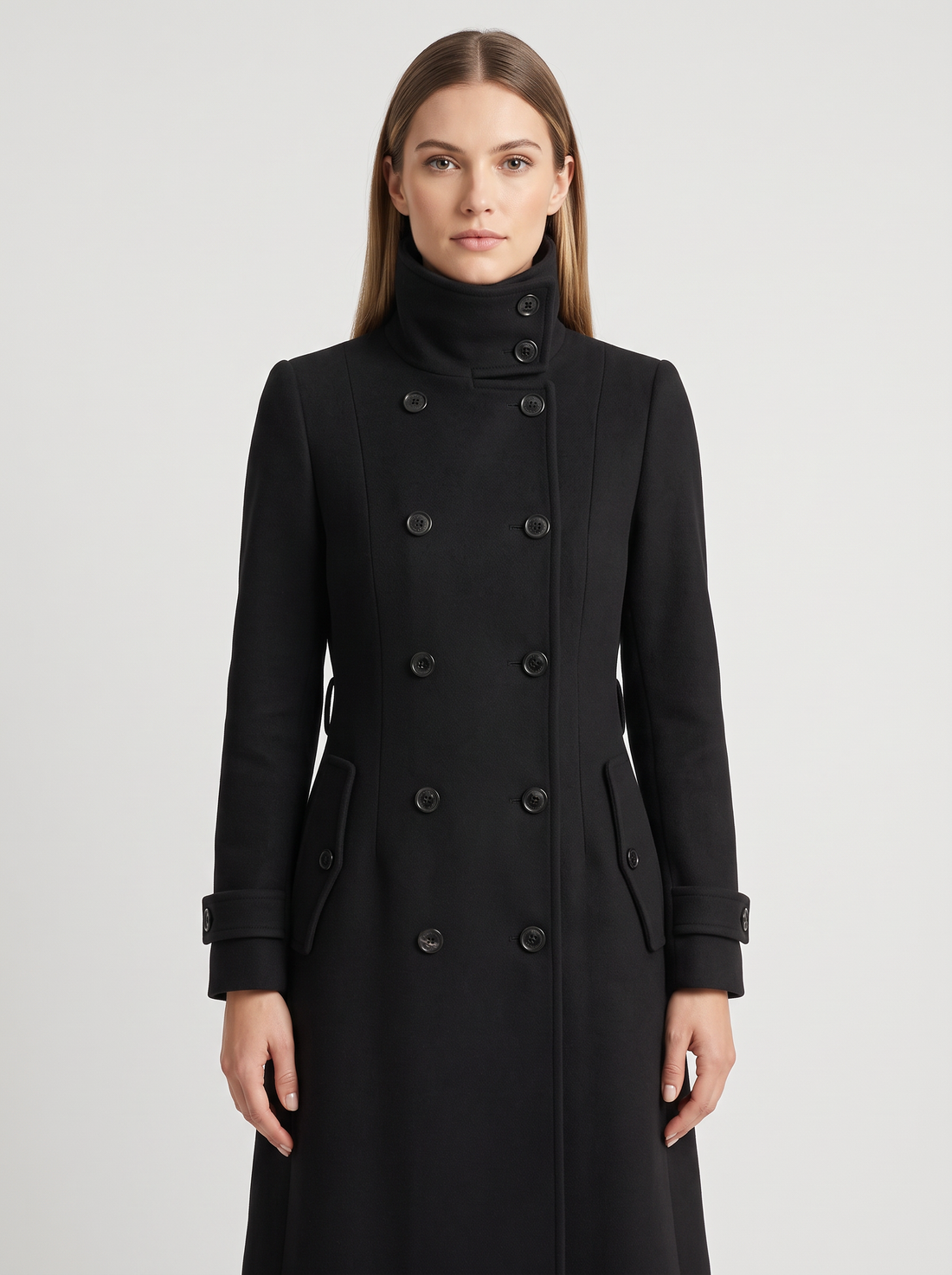 Women's Double Breasted Coat in Black – front view