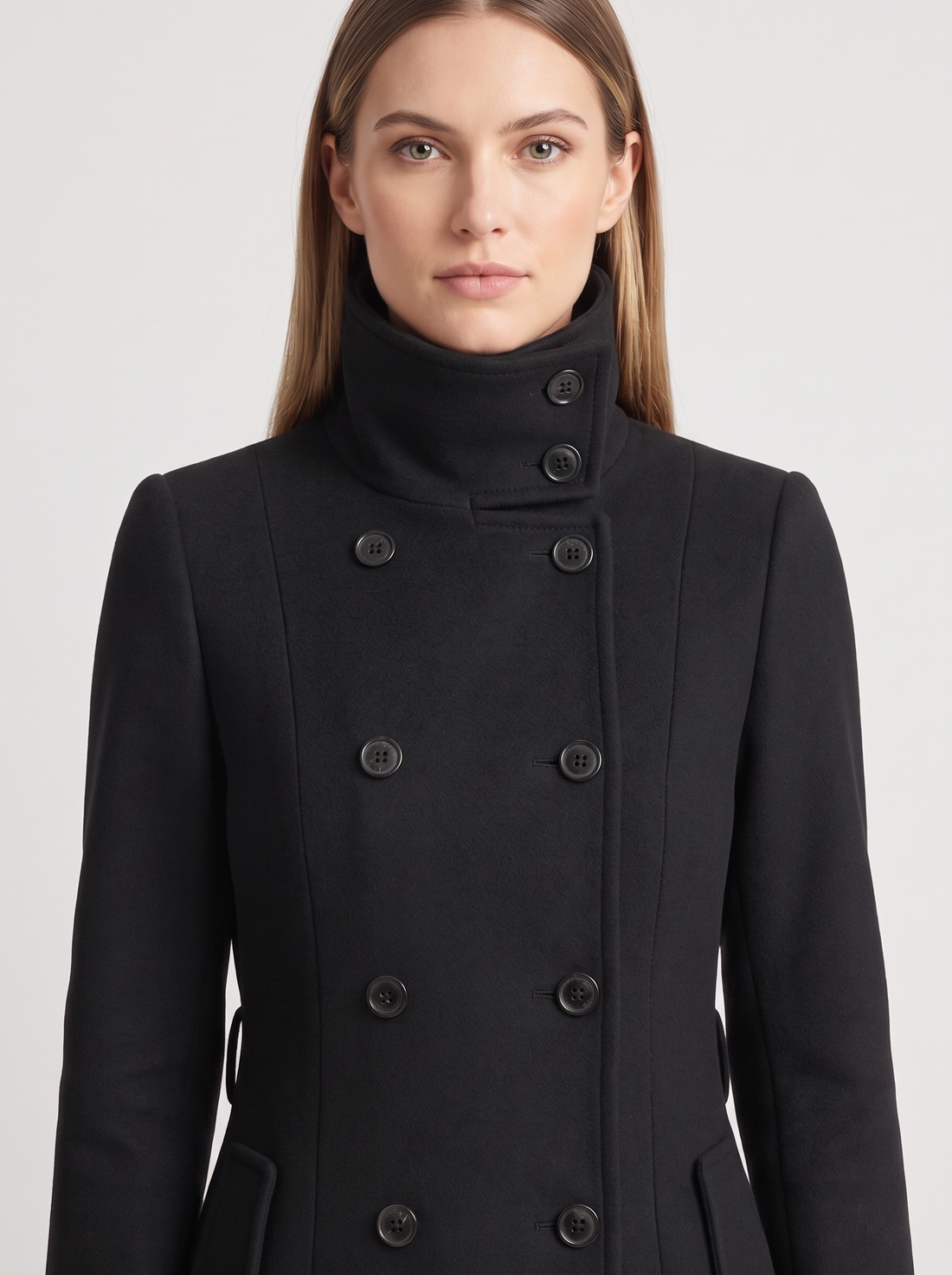 Women's Double Breasted Coat – stand collar and buttons close-up