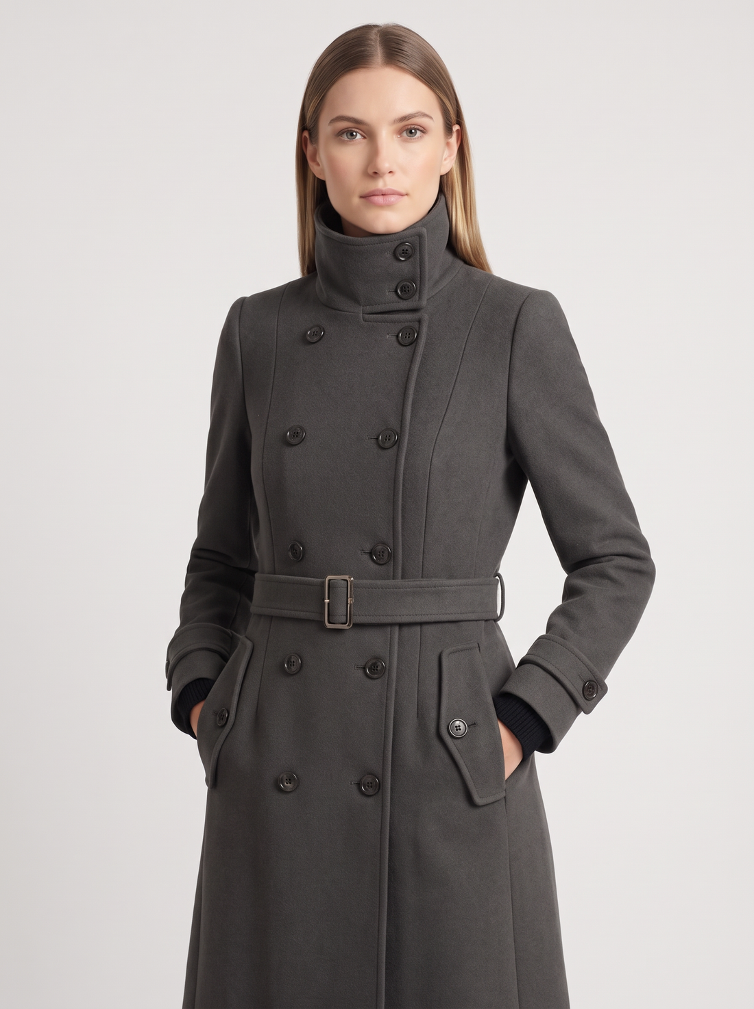 Women's Double Breasted Coat in Grey – front view