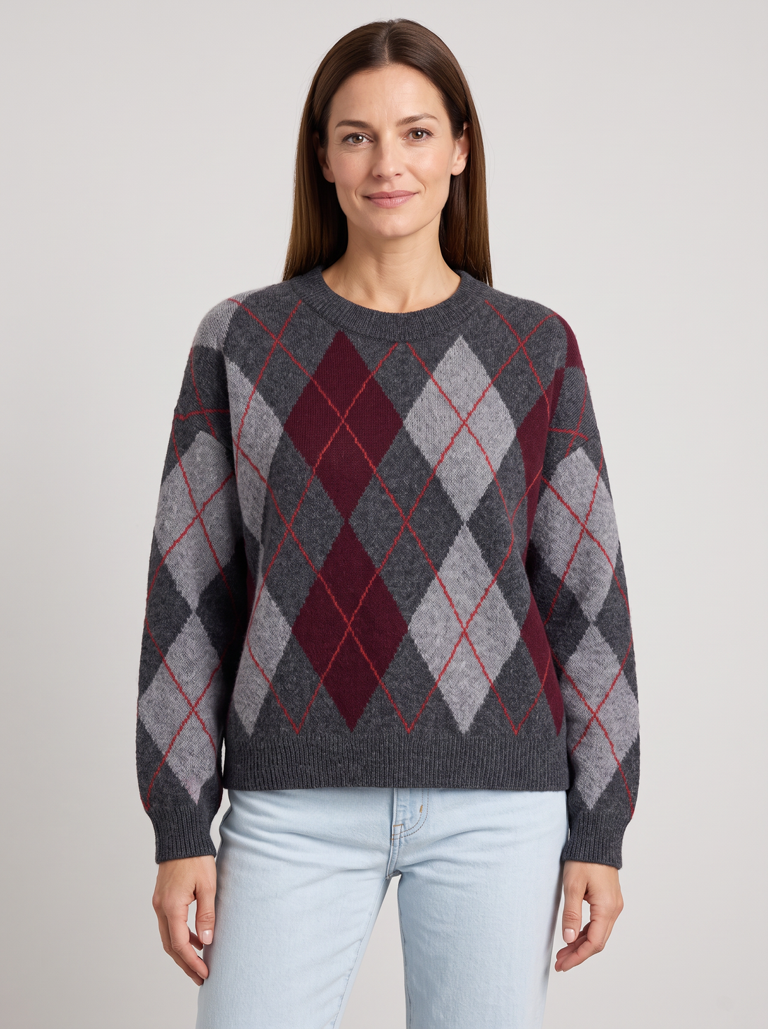 Women's Argyle Jumper in Grey / Burgundy – front view