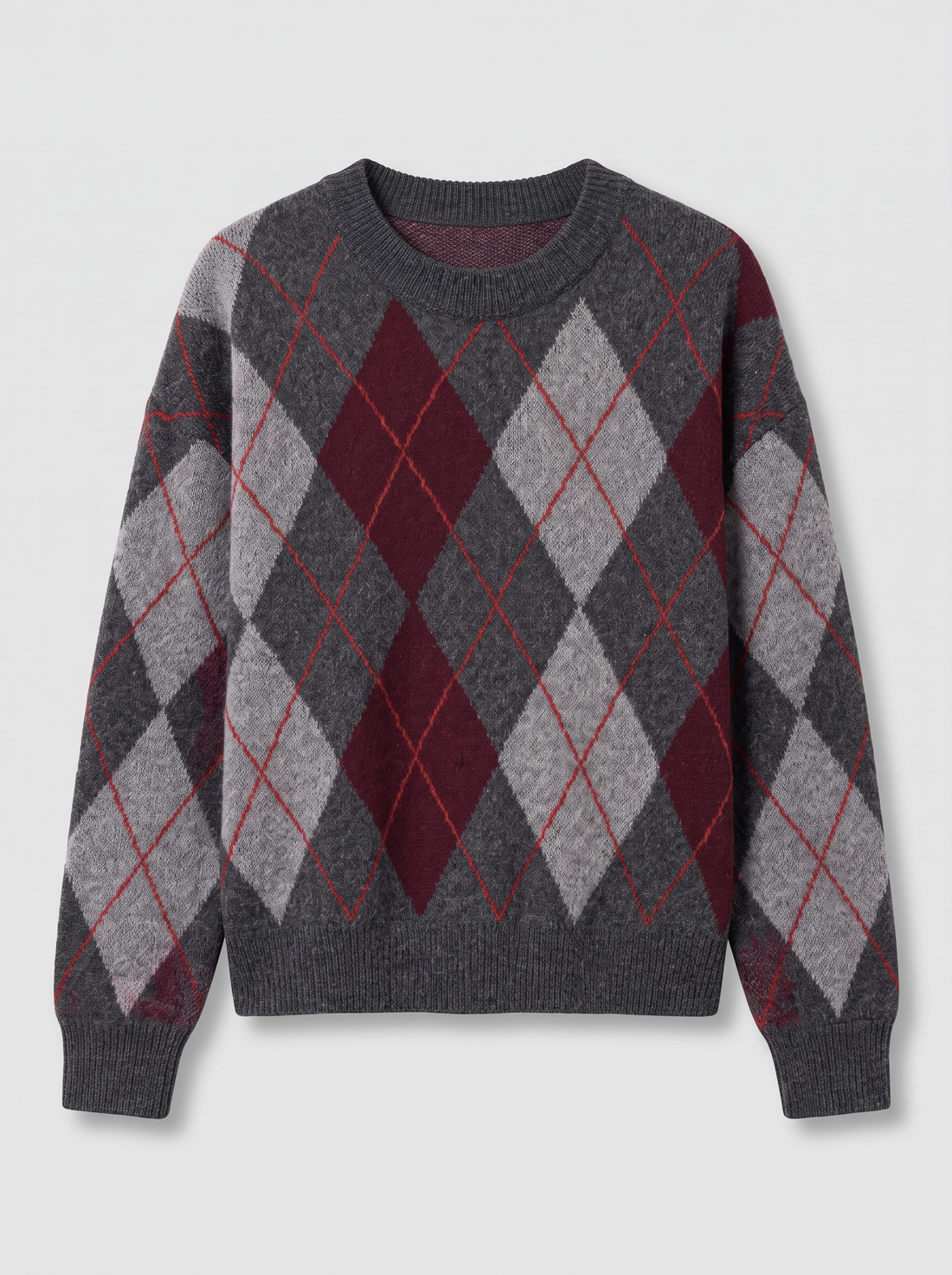 Women's Argyle Jumper in Grey / Burgundy – product front view