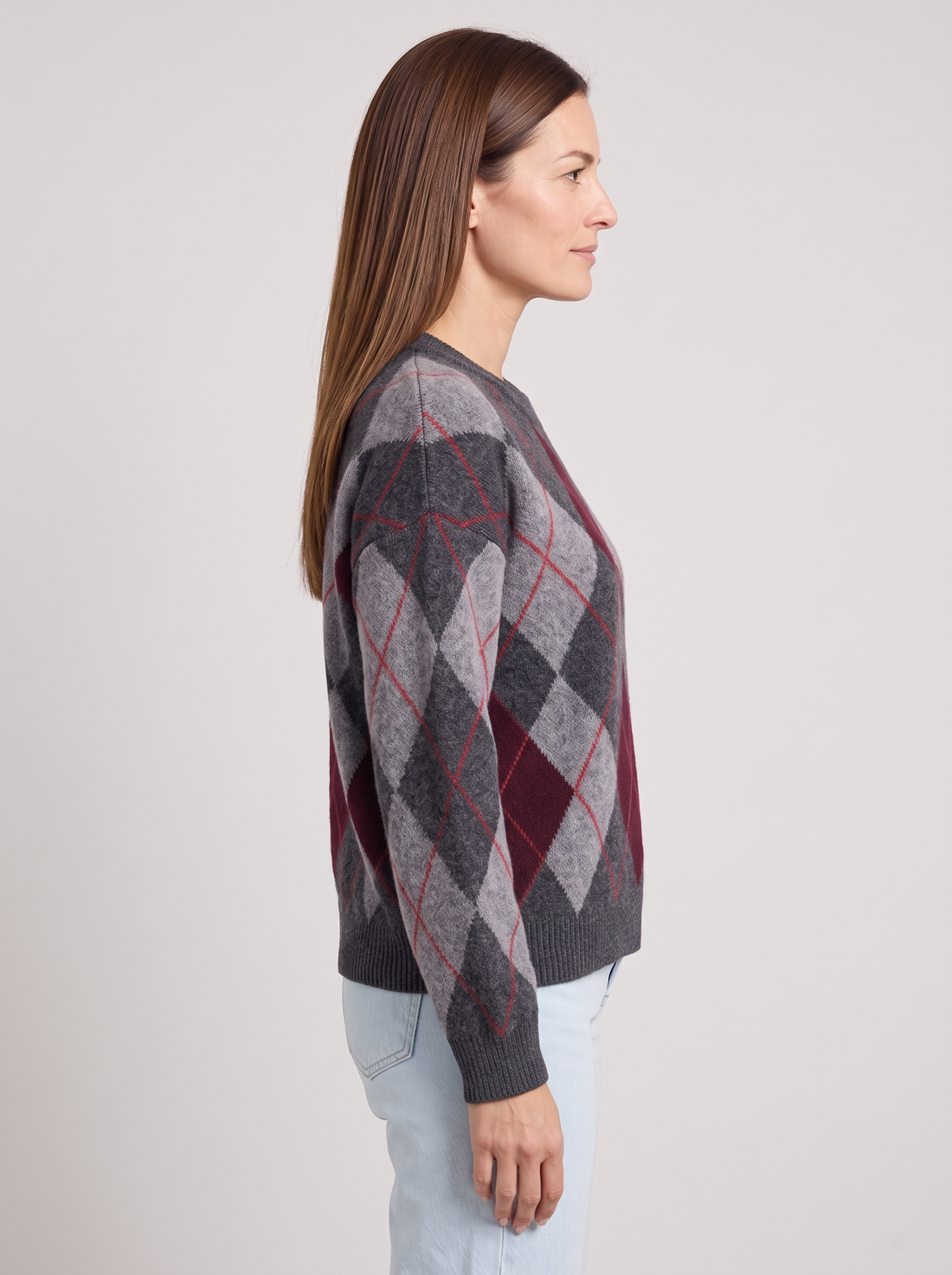 Women's Argyle Jumper in Grey / Burgundy – side view