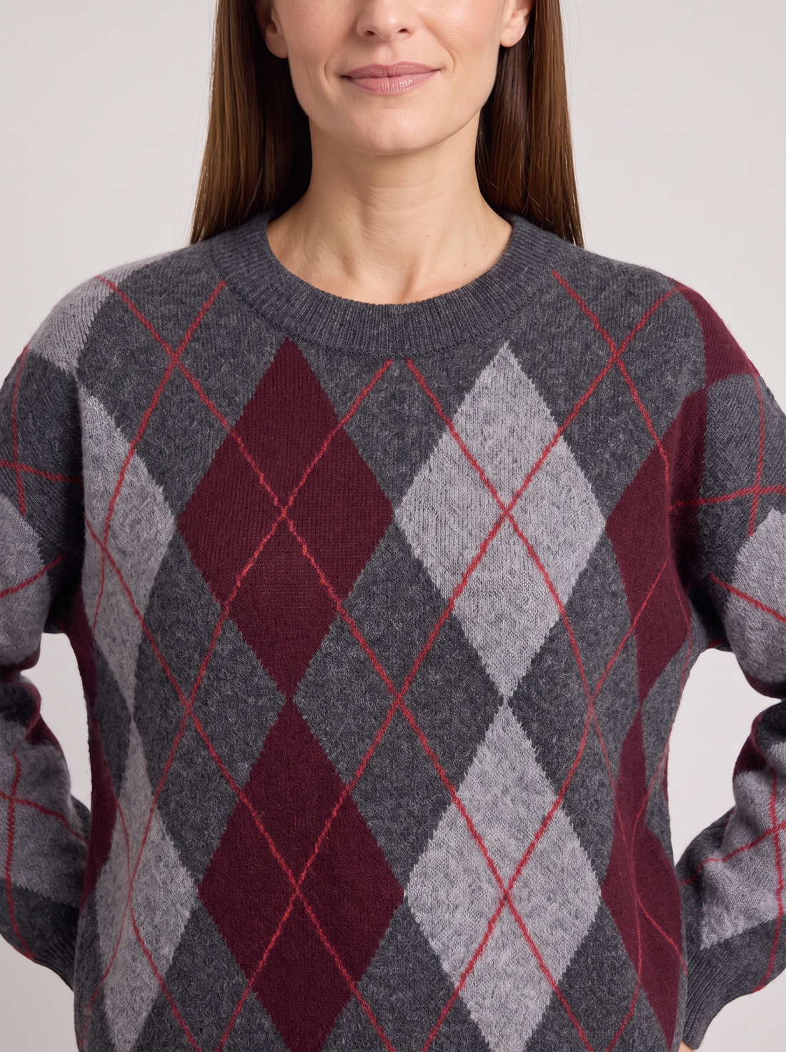 Women's Argyle Jumper – argyle knit and crew neck close-up