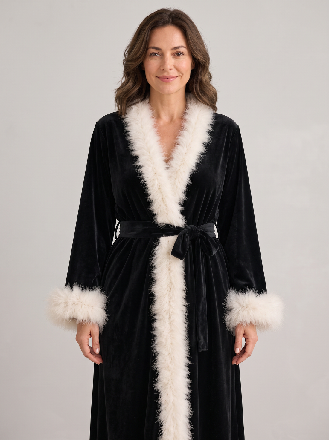 Women's Velvet Dressing Gown with Feather Trim in Black – front view
