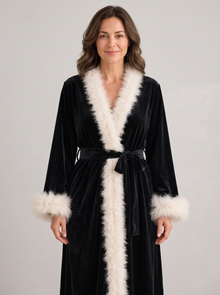 Women's Velvet Dressing Gown with Feather Trim in Black – front view