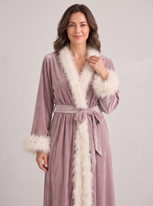 Women's Velvet Dressing Gown with Feather Trim in Lilac
