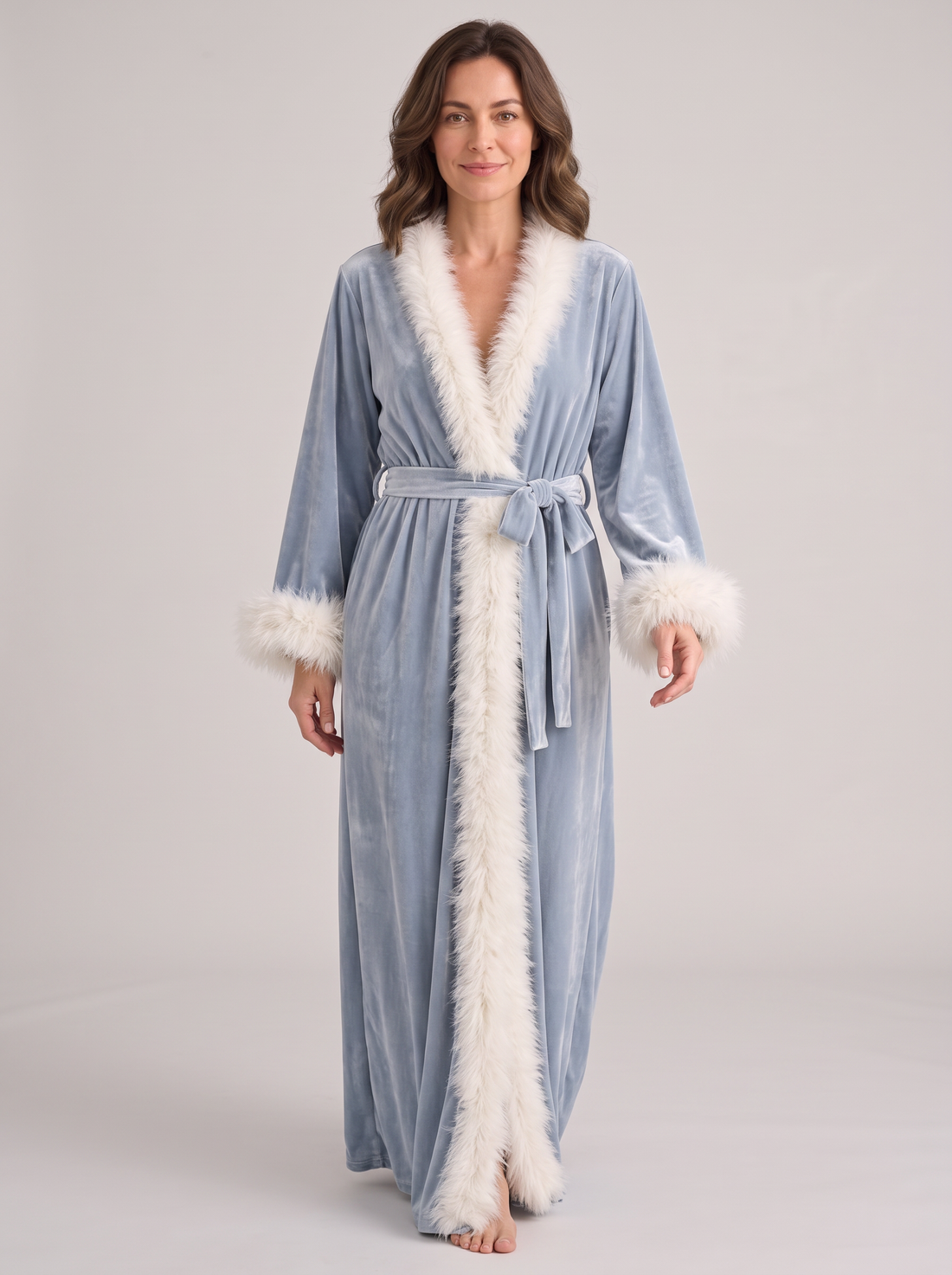 Women's Velvet Dressing Gown with Feather Trim in Dusty Blue