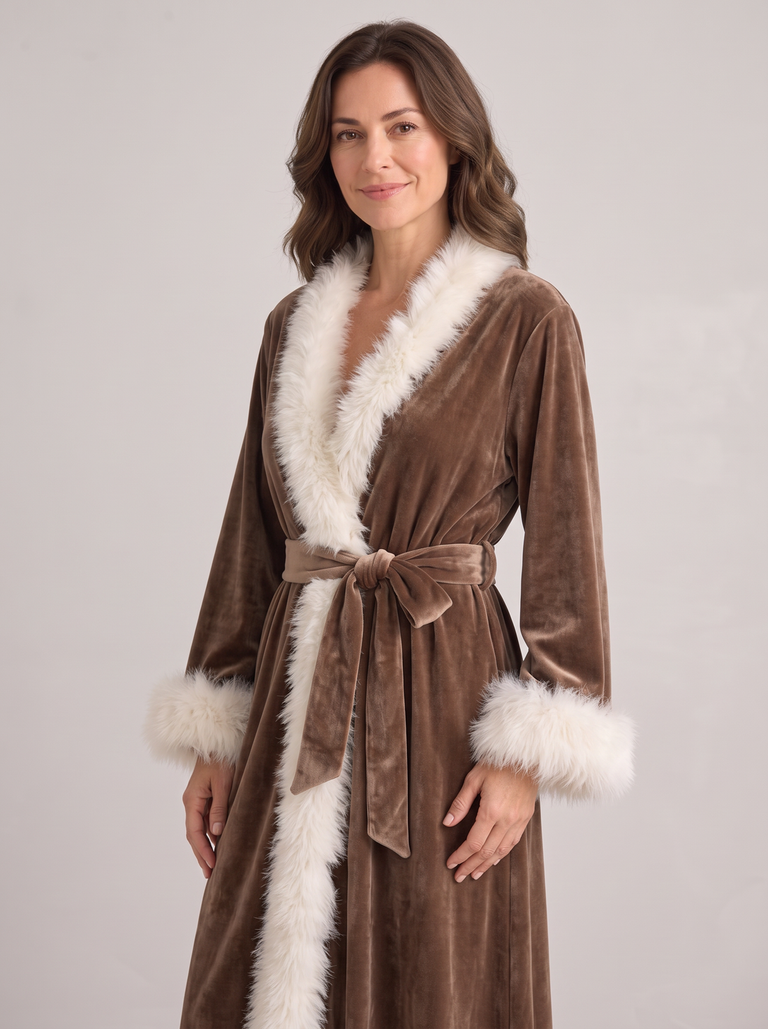 Women's Velvet Dressing Gown with Feather Trim in Mocha