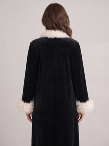 Women's Velvet Dressing Gown with Feather Trim in Black – back view