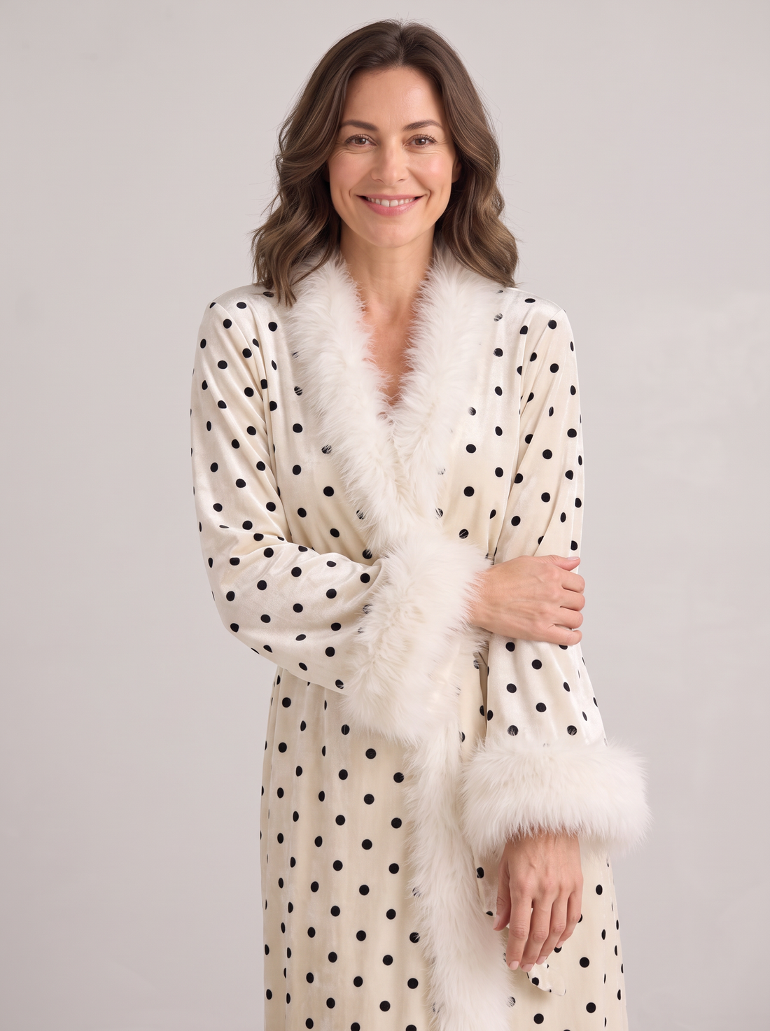 Women's Velvet Dressing Gown with Feather Trim in White Polka Dot