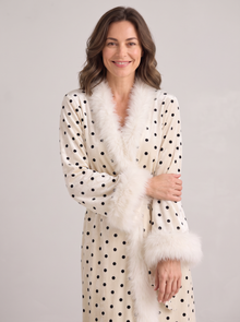 Women's Velvet Dressing Gown with Feather Trim in White Polka Dot