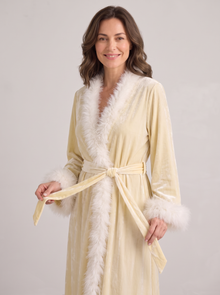 Women's Velvet Dressing Gown with Feather Trim in Butter
