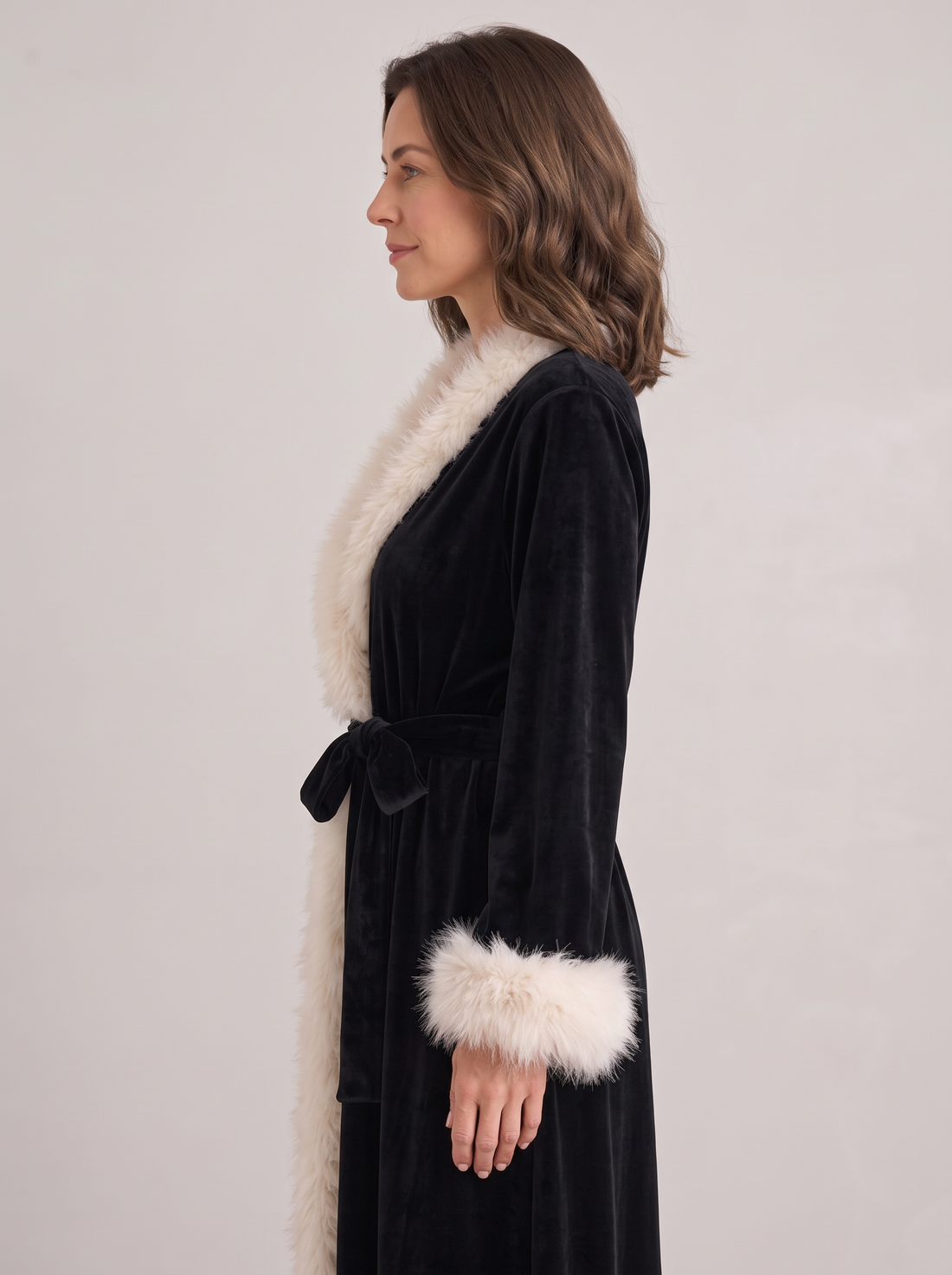 Women's Velvet Dressing Gown with Feather Trim in Black – side view