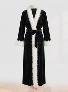 Women's Velvet Dressing Gown with Feather Trim in Black – product view