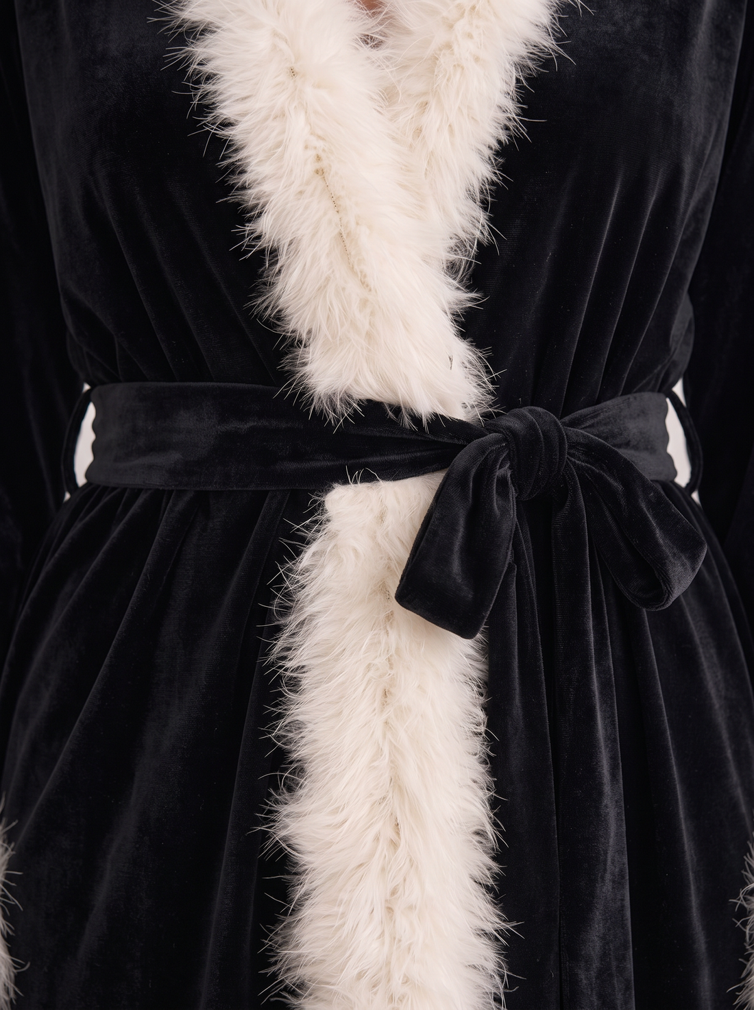 Women's Velvet Dressing Gown – feather trim and velvet close-up