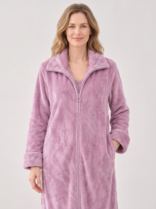 Women's Zip-Up Fleece Dressing Gown in Light Purple – front view