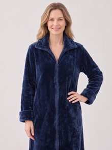 Women's Zip-Up Fleece Dressing Gown in Navy Blue