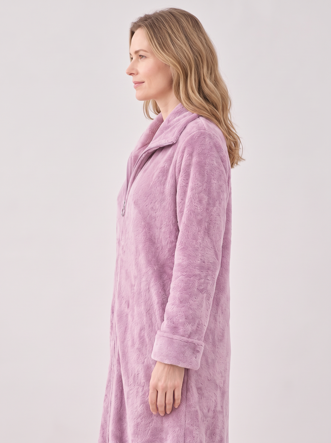 Women's Zip-Up Fleece Dressing Gown in Light Purple – side view