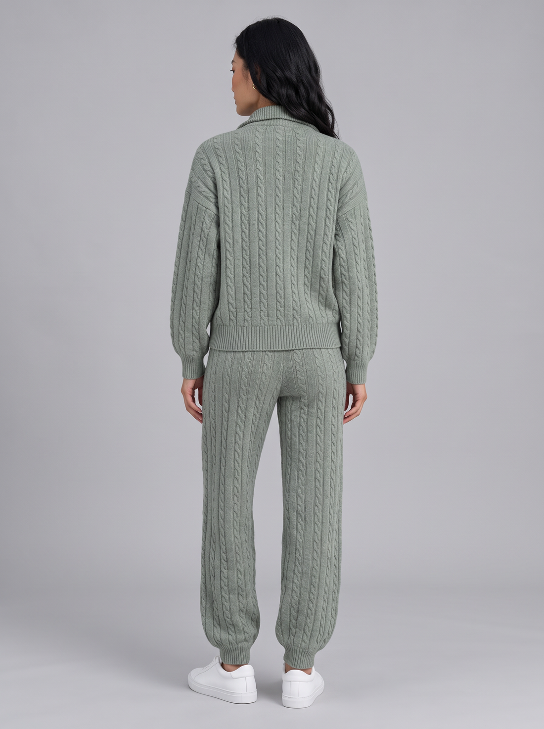 Sage green cable knit co-ord set, back view
