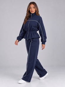 Women's navy piped zip tracksuit set, full-length