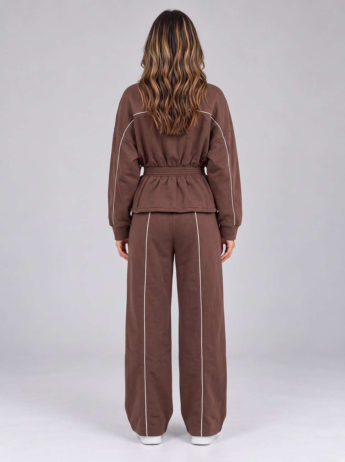 Brown tracksuit set with wide leg trousers, back view