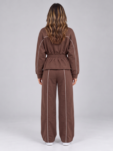 Brown tracksuit set with wide leg trousers, back view