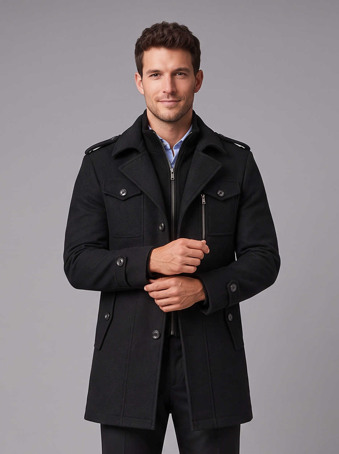Man in a black wool blend overcoat with detachable bib, full-length view