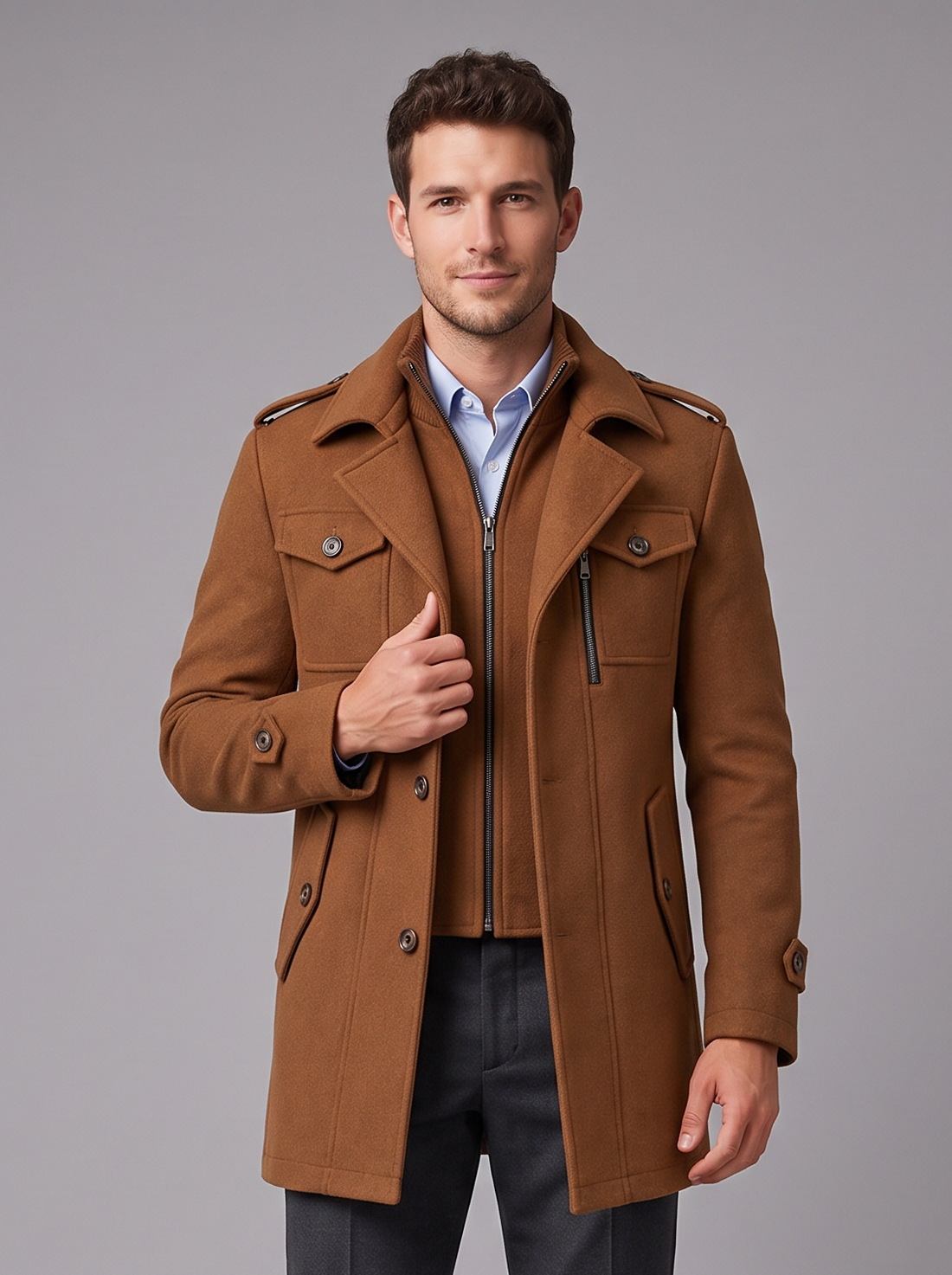 Man in a camel wool blend overcoat with detachable bib, full-length view