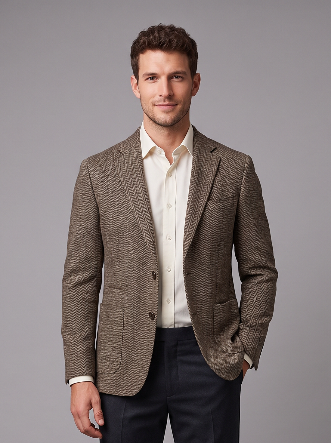 Man in a brown herringbone tweed single-breasted blazer, full-length front view