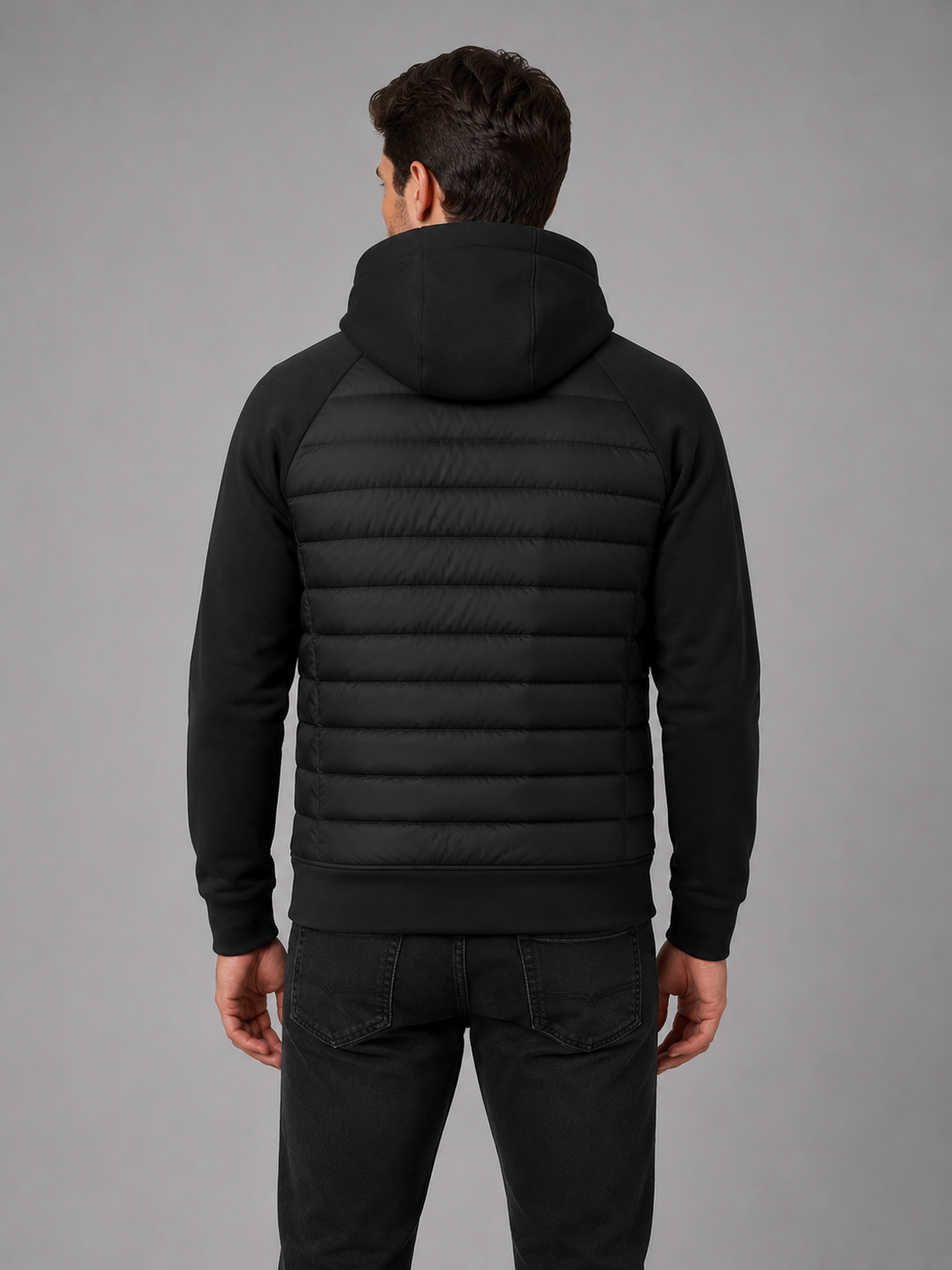 Men's Hooded Quilted Hybrid Jacket in Black