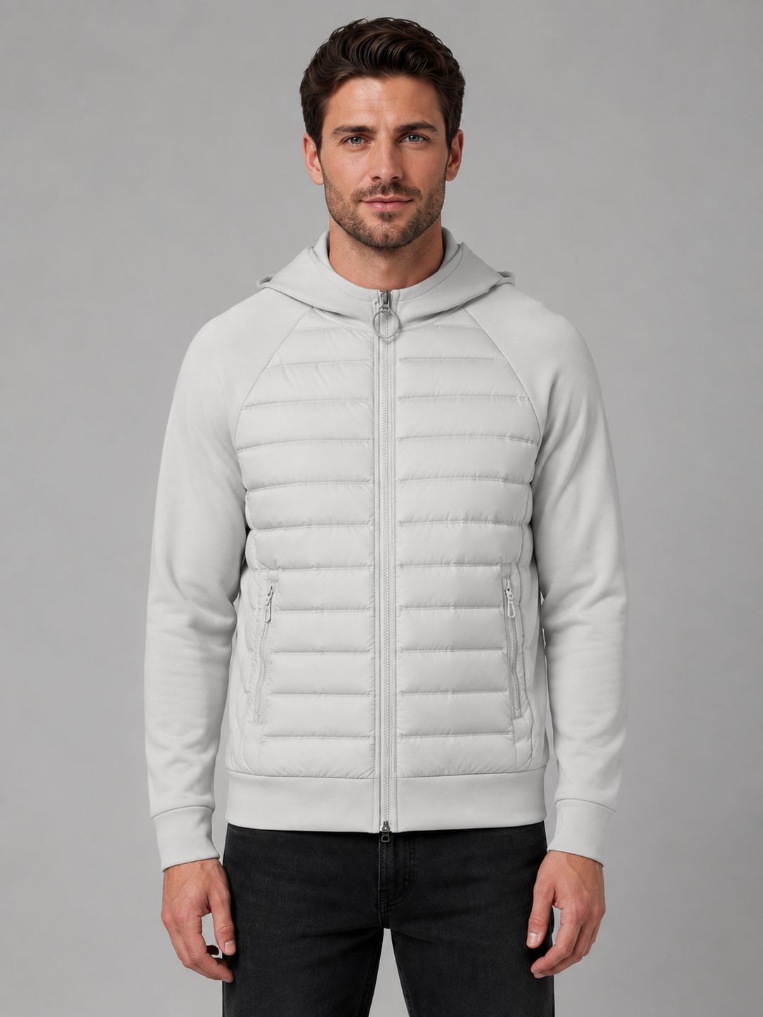 Men's Hooded Quilted Hybrid Jacket in Grey